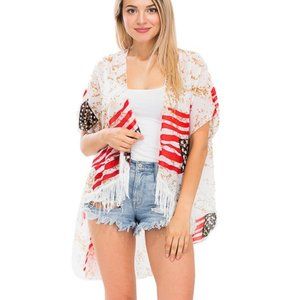 American Flag Cover Up Shawl Kimono Red White Blue